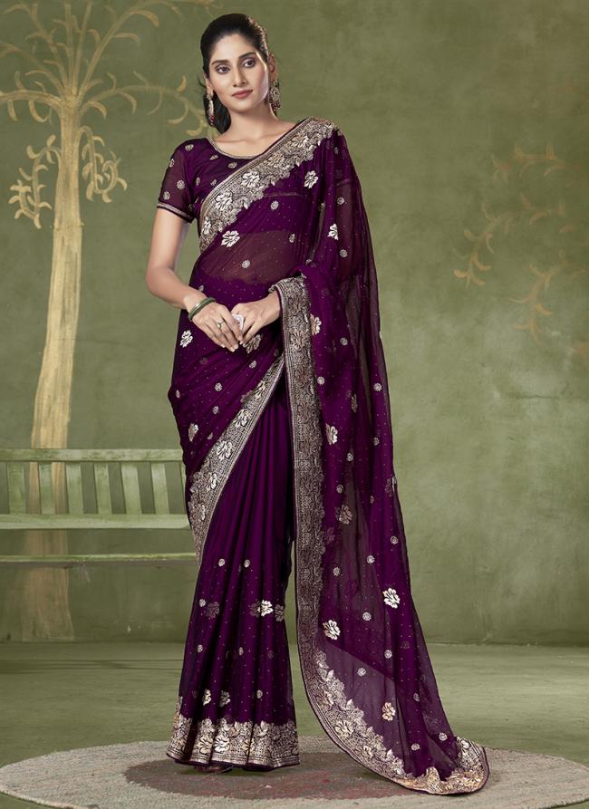 Chiffon Wine Wedding Wear Embroidery Work Saree